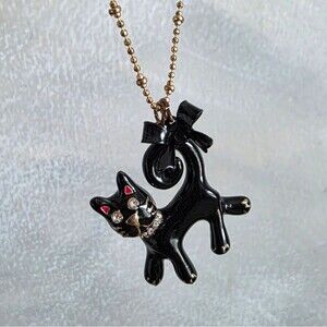 Betsey Johnson Black Cat Pendant Antique Gold Tone Necklace Rhinestone Rare 19'